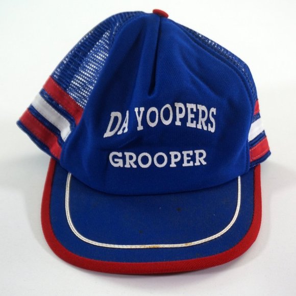 Vtg DA YOOPERS GROOPER MICHIGAN SnapBack Hat Retro Deer Camp Cap Blue Red White - Picture 1 of 5